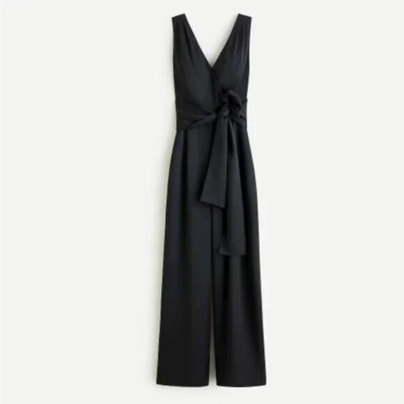 NEW J. Crew V-Neck Wide Leg Jumpsuit Tie Waist Black Matte Satin Sheen NWT Sz 14 - Picture 4 of 16